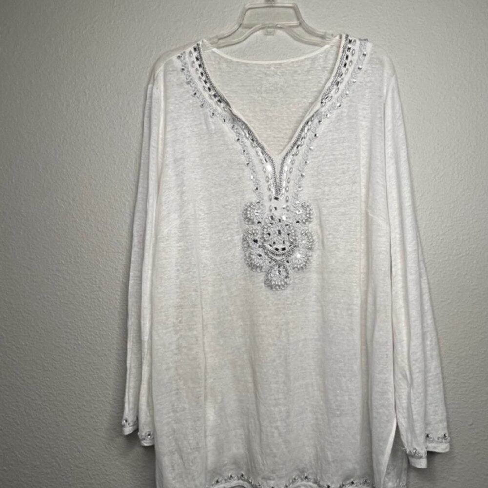 INC International Concepts XXL Linen Embellished Silver Pearl V-Neck Top - Picture 3 of 15